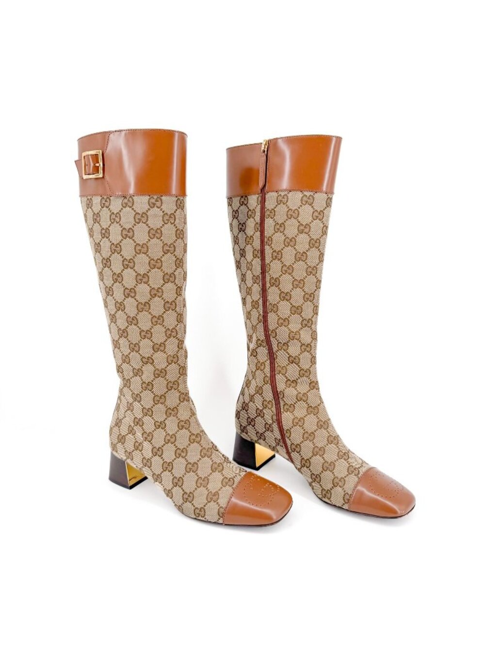Gucci Ellis GG Knee High Boots Beige Canvas Size 38 US 8 Women’s Cap Toe Riding